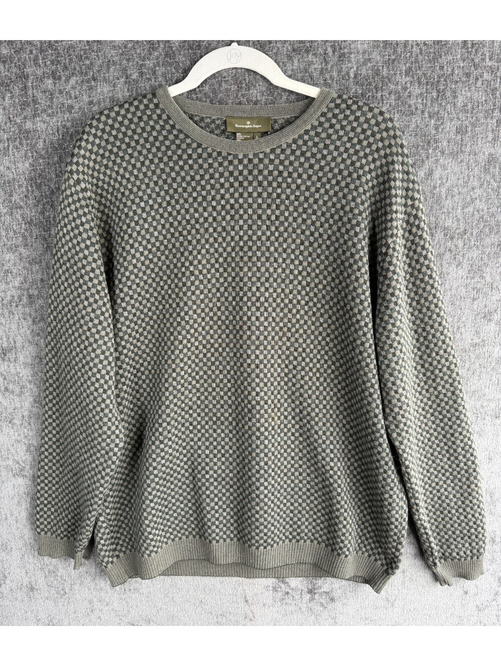 Ermenegildo Zegna Mens L 52 Gray Check Wool Cotton Knit Crewneck Sweater Italy